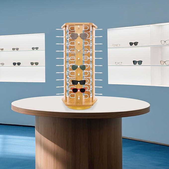 50 Pairs Glasses Rack, 360° Rotating Sunglasses Display Rack, 5-Sided Eyeglasses Storage Organizer, Eyewear Holder, Commercial Sunglasses Display Stand, Log Color