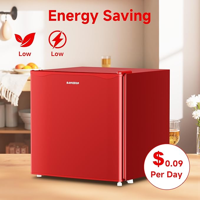 BANGSON 1.7 Cu.Ft Mini Fridge with Freezer, Compact Single Door Refrigerator - Energy Saving, Low Noise - Perfect for Office, Apartment, Dorm, Bedroom,Red