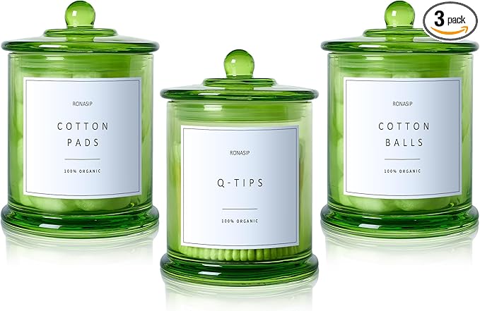 3 Pack Green Qtip Holder Dispenser, 16oz Bathroom Organizer and Storage Canisters, Glass Apothecary Jars with Lid - Home Decor, Room Decor Aesthetic