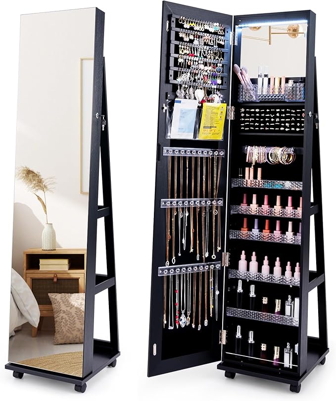 GOFLAME Jewelry Cabinet with Full Length Mirror, Lockable Jewelry Storage Organizer with Wheels, 3-Color LED Lights, Inner Mirror, Freestanding Jewelry Armoire with Rear Storage Shelves, Black