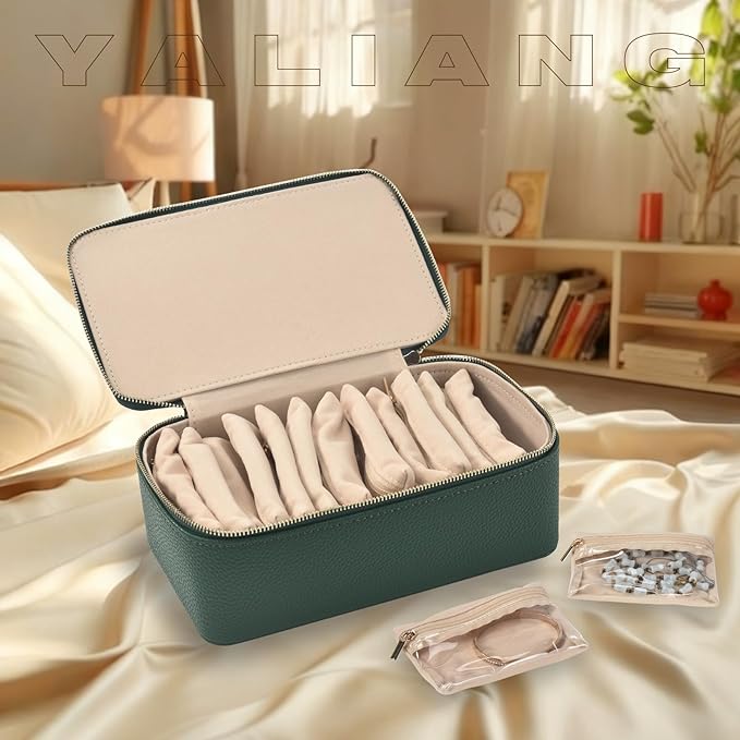Travel Jewelry Box,Jewelry Travel Organizer for Women Girl,Travel Jewelry Case with 12pcs Velvet Jewelry Pouches for Necklaces Rings Earrings Sorting Storage（Black Green）