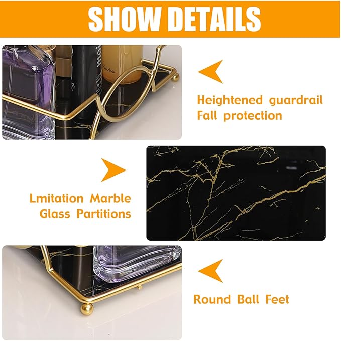 Vanity Bathroom Counter Tray Gold Glass Perfume Organizer Holder Cosmetics Makeup Skincare Display Decorative Vanity Trays Storage Rack for Bathroom Dresser Bedroom (1 Tier Black Gold-Small)