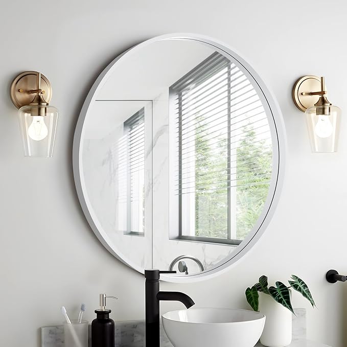 WallBeyond Round Wood Mirror 24 inch Circle Wall Mirror for Bathroom Round Wall Mirror for Wall Decor, Vanity, Entryway Living Room (White)