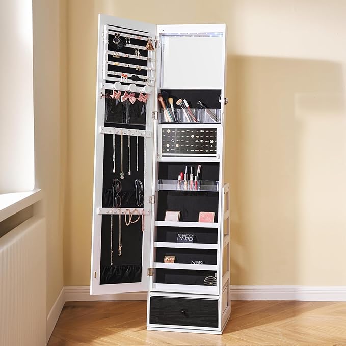 VEVOR 360° Swivel Jewelry Cabinet Armoire, 63-Inch Tall Lockable Jewelry Organizer with Full-Length Mirror, LED Light, Velvet Lining, Drawer, Freestanding, White