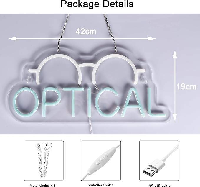 Optical Neon Sign for Wall Decor LED Light up Sign Eyeglass Store Optician's Store Eye Exams Optometry Business Signage Grand Opening Gift 16.5" x 7.5"