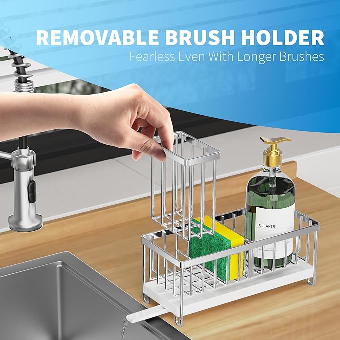 Cisily Sponge Holder for Kitchen Sink, Sink Caddy Organizer with High Brush Holder, Kitchen Countertop Organizers and Storage Essentials, Rustproof 304 Stainless Steel (Silver, 9.25″)