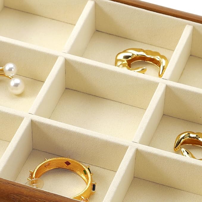 Solid Wood 12 Grids Jewelry Tray Stackable Jewelry Drawer Organizer Showcase Display Organizer Tray for Rings Earrings(Beige)