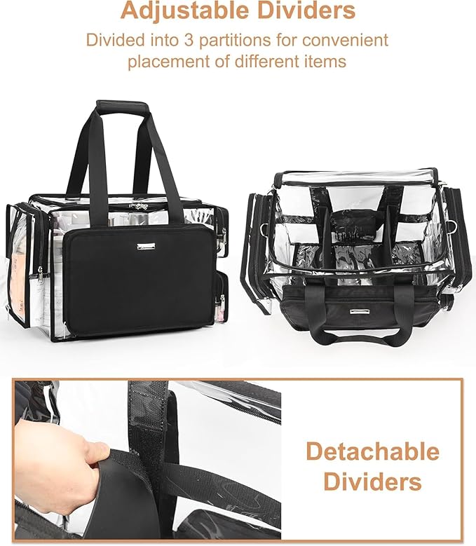Relavel Clear Makeup Bag with 2 Small Pouches, Professional Makeup Artist Kit Set, Portable Cosmetic Storage Organizer Hair Stylist Travelling Bag with Adjustable Dividers & Shoulder Strap