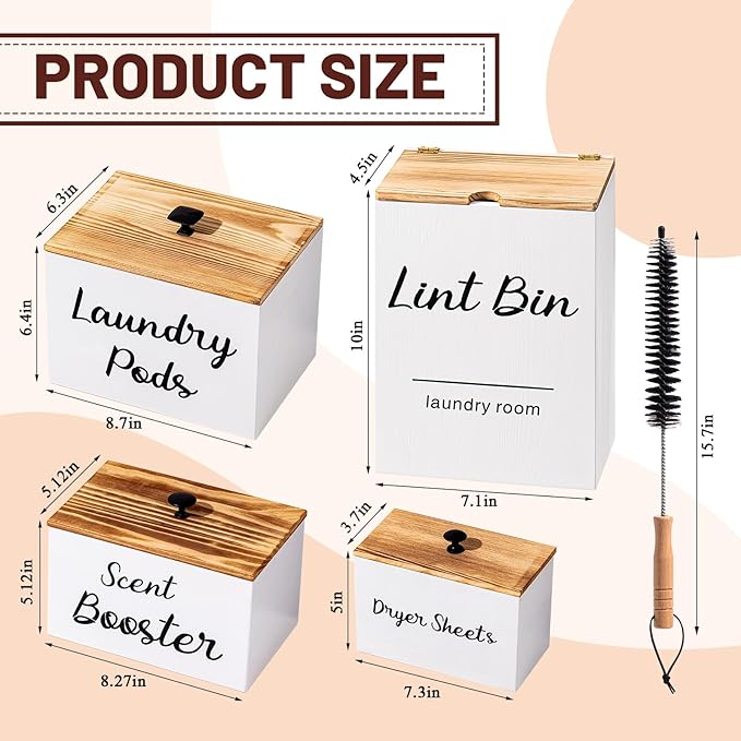 Dandat 4 Pcs Laundry Room Organization and Storage, Dryer Sheet Holder Laundry Pod Holder Scent Booster Container Magnetic Lint Bin with Scoop and Brush Wood Farmhouse Room Container(White)