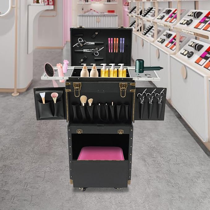Rolling Makeup Case Large Storage Cosmetic Trolley, Rolling Lockable Makeup Train Case, Stylist Beauty Salon Cosmetic Luggage Travel Organizer Tool Box with Hair Dryer Holder (Black)