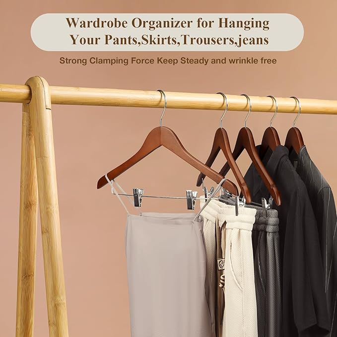 Wooden Pants Hangers 12 Pack With Clips - Adjustable Heavy Duty for Skirts, Jeans, Slacks, Shorts (Walnut)