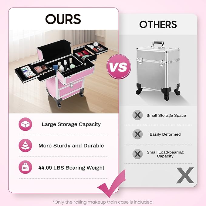 Professional Rolling Makeup Case Pro Makeup Artist Cosmetic Train Case Hairstylist Travel Case Portable Make Up Station with Lockable Drawer & 4 Swivel Wheels - Pink