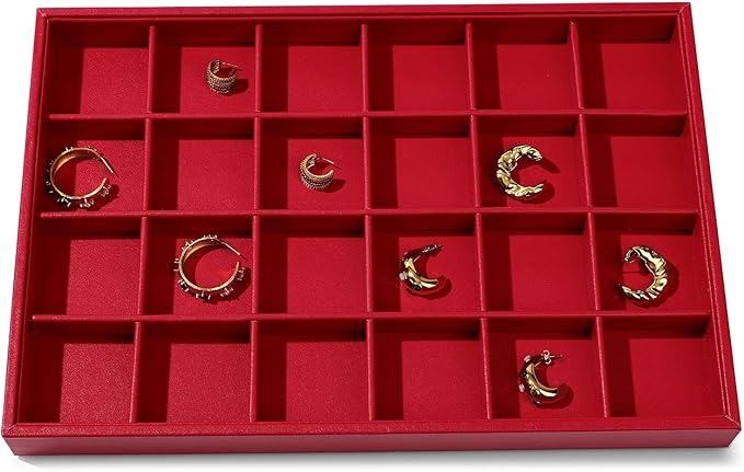 Leather Jewelry Trays 24 Grids Earrings Tray Jewelry Display Tray Stackable Ring Earring Organizer Tray Jewelry Trays For Drawers Rings Earrings Holder (Red)