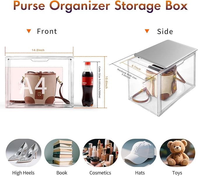 Purse Organizer for Closet, 5Pack Stackable Storage Bins, Clear Acrylic Display Case with Magnetic Door, Closet Organizers and Storage for Handbag Organzier, Heels, Collectibles