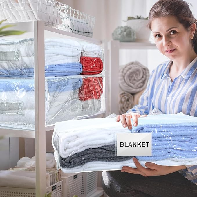 Kenning Set of 20 Clear Zippered Storage Bags for Sheet Organizer Plastic Sweater Bags with Handle Pocket Vinyl Bag for Bed Blanket Throw Pillow Toys(White,18 x 15 x 4 Inch)