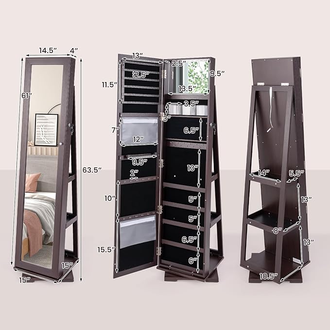 CHARMAID 360° Swivel Jewelry Armoire with Full Length Mirror, Standing Lockable Jewelry Cabinet Organizer, Large Storage Capacity, Inside Makeup Mirror, Back Storage Shelves (Espresso)