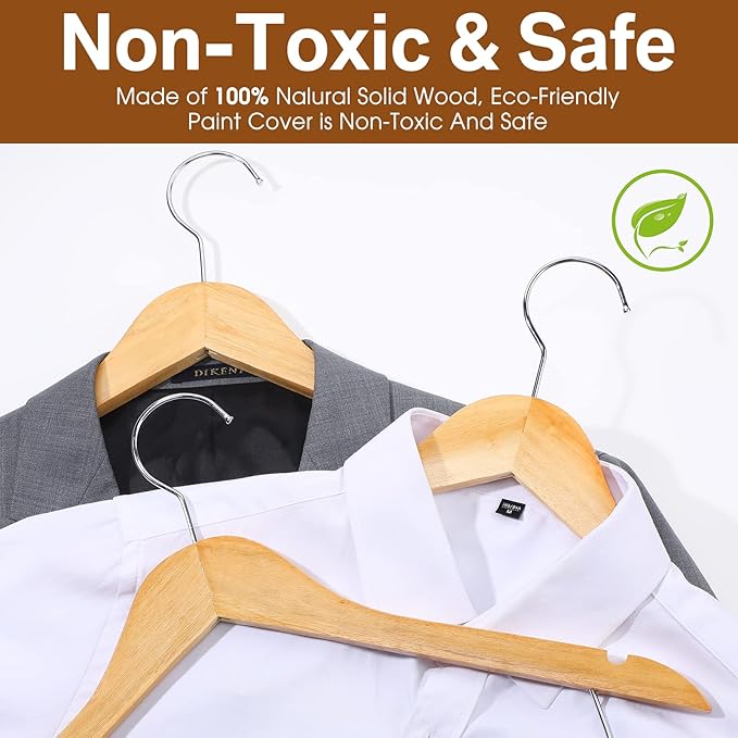 Sieral 30 Pack Wooden Pants Hangers with Clips Solid Wood Skirt Suit Coat Hangers with 2 Adjustable Clips 360 Degree Swivel Hook for Trousers Jeans Slacks Shorts Bottom, 14 Inch(Natural,Classic)