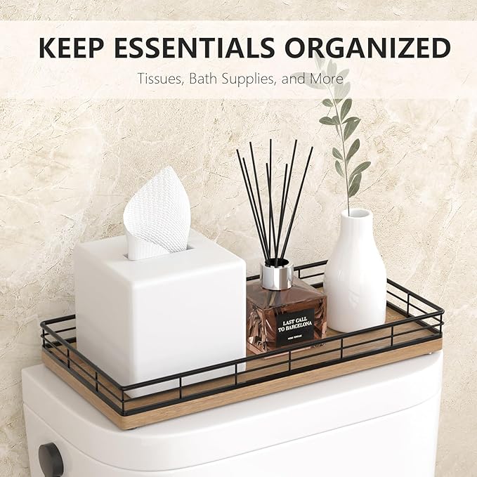 Toilet Paper Basket Organizer – Acacia Wood Toilet Tank Tray with Metal Frame, Back of Tank or Top Bathroom Counter Storage – Black & Acacia Modern Decor