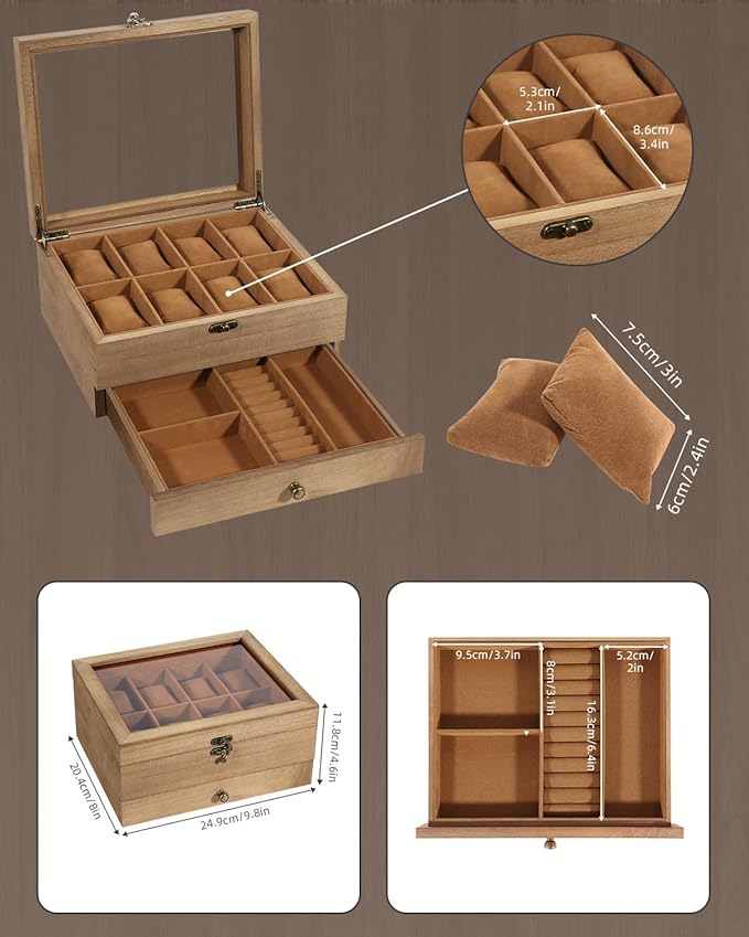 Uten 8-Slot Watch Box, 2-Layers Solid Wood Watch Display Case with Glass Lid, Watch Holder Organizer with Soft Pillow and Velvet Lining, Watch and Jewelry Storage Box, Browm
