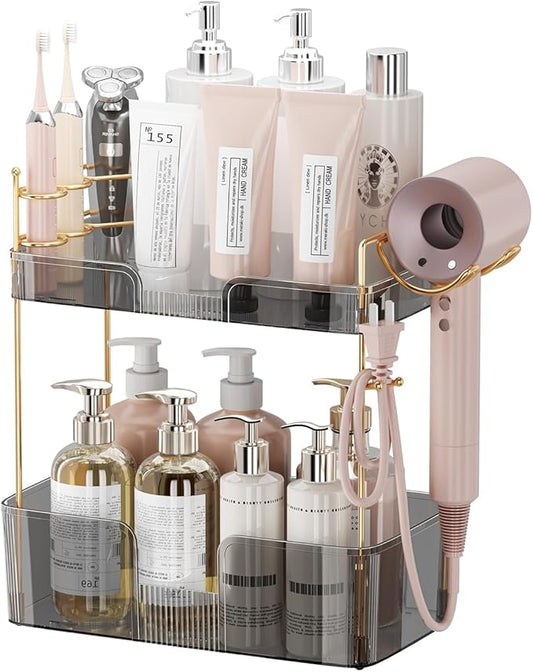 2 Tier Bathroom Organizer Countertop Makeup Perfume Tray Skincare Organizer Comes with Hair Dryer Rack and Toothbrush Holder for Bathroom Dresser Vanity (Grey)