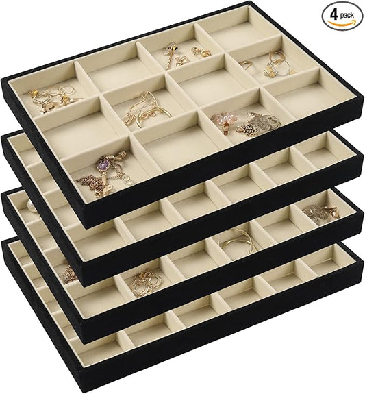 DIOMMELL Set of 4 Stackable Jewelry Trays Organizer Jewelry Display Showcase Dresser Drawer Organizer Storage Box for Ring Earring Bracelet Necklace Accessary