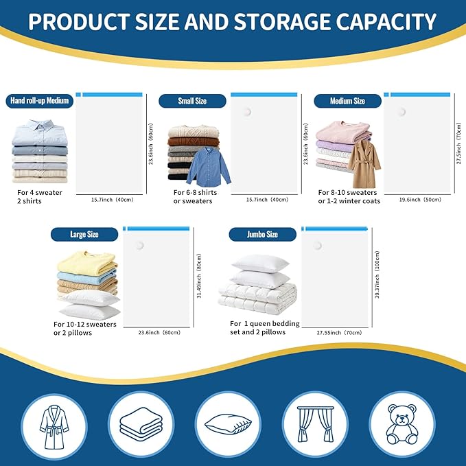 Vacuum Storage Bags for Clothing Travel,12 Pack Vacuum Bags with Pump,Space Saver Bags for Clothes Travel & Home(2 Roll-Up Bags,3 Small,3 Medium,2 Large,2 Jumbo)