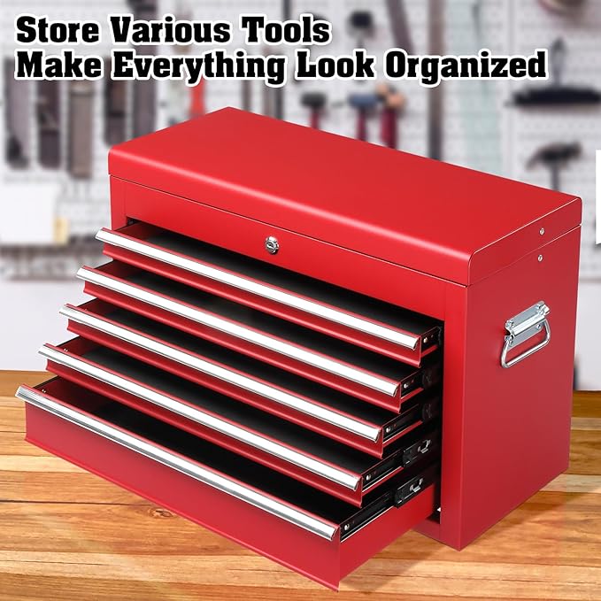 Winado 24" Portable Tool Box, 5 Drawers & Top Storage Tray Tool Box with Drawers, Lockable Metal Tool Chest Cabinet for Garage, Warehouse, Repair Shop & Home, Red