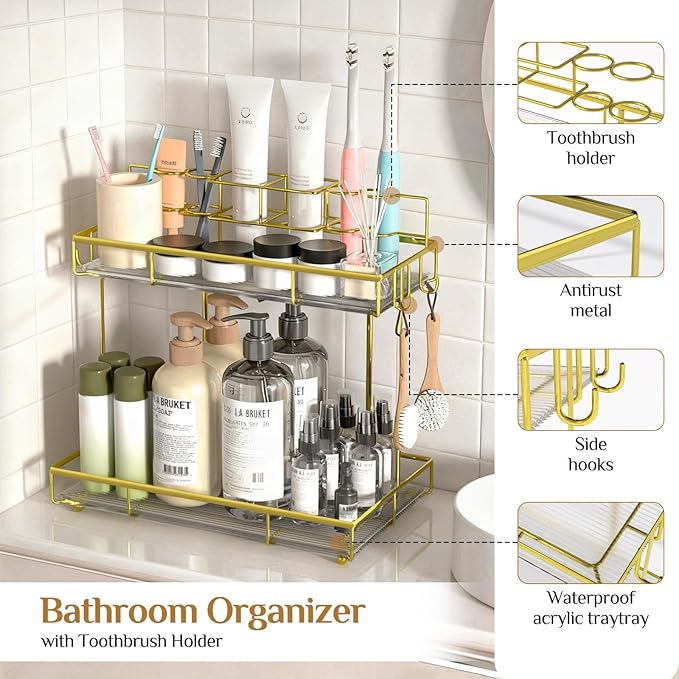 2 Tier Golden Bathroom Organizer Countertop, Small Countertop Organizer for Bathroom Decor, Kitchen Counter Shelf for Spice Rack and Snack, Vanity Makeup Organizers and Storage Tray for Bedroom