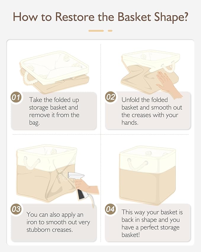 11 Inch Storage Cubes 4-Pack, Foldable Fabric Organizer Bins with Rope Handles, Cube Storage Baskets for Closet Shelves and Home Organization(White/Khaki)