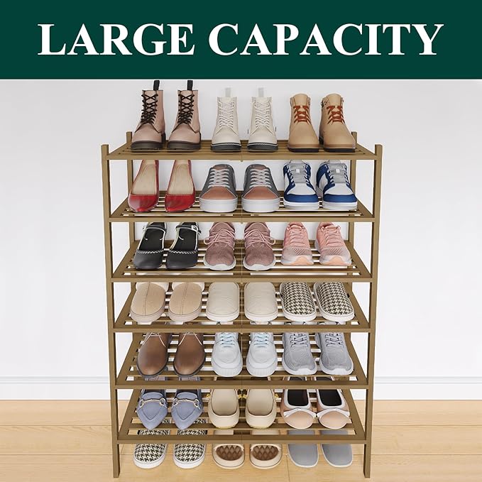 Smiry Bamboo Shoe Rack 6-Tier, Stackable Wooden Shoe Organizer for Entryway & Closet, Free Standing Wood Shoe Storage Shelf for Front Door & Small Spaces, Walnut