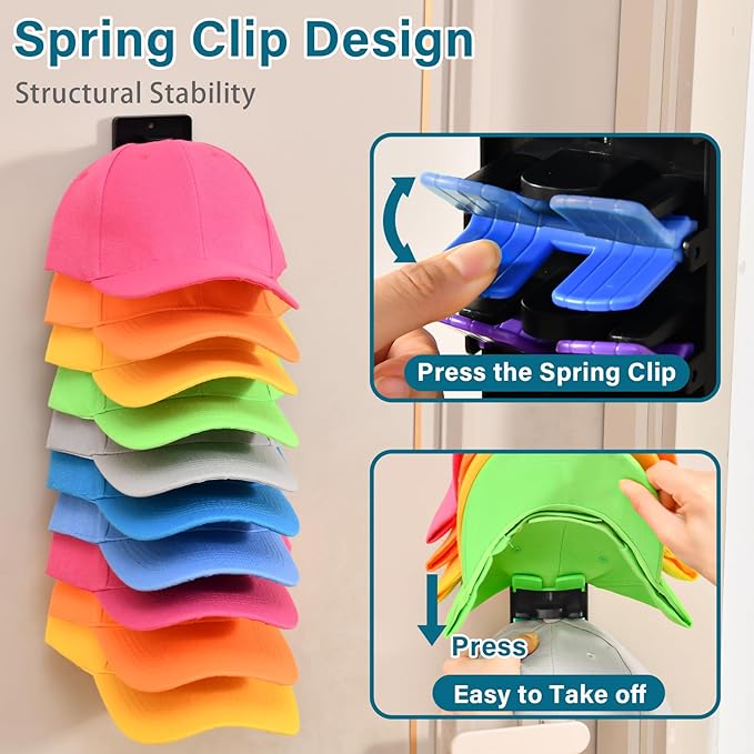 2 Pack Hat Organizer for Baseball Caps with Built-in Spring Clips,Hat Storage for Wall,Hat Rack for Door,Wall Mount Baseball Cap Organizer Holds up to 20 Caps for Bedroom,Closet,Door Wall