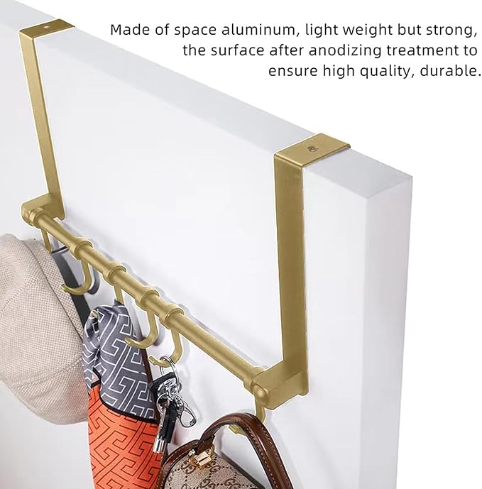 BOF Over The Door Hooks, Adjustable 6 Door Hooks for Hanging, Premium Aluminum Over Door Hanger, Thin Overhead, No Impact Door Closing, for Bathroom, Bedroom Doors, Hanging Coats, Towels and More