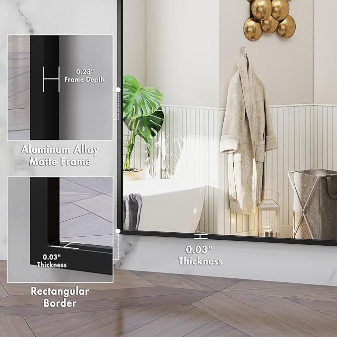 Matte Black Framed Bathroom Mirror, 55x30 Inch Rectangular Vanity Mirror, Large Rectangle Wall Mirror, Anti-Rust, Tempered Glass, Shatter-Proof, Easy to Install Vertically or Horizontally