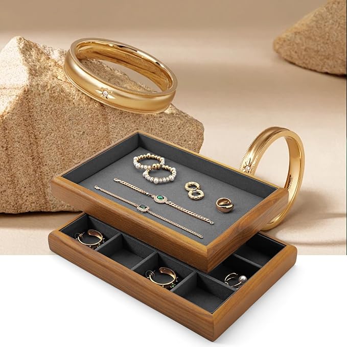 Oirlv Solid Wood 11 Slots Ring Tray Jewelry Organizer Tray Jewelry Drawer Organizer(Grey)
