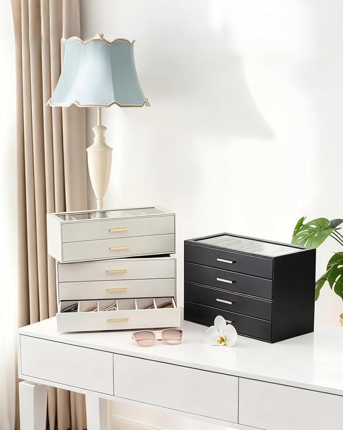 Lolalet Beige Sunglasses Storage Box for Women, Eyewear Eye Glass Organizer with Clear Top Lid Display Holder Case