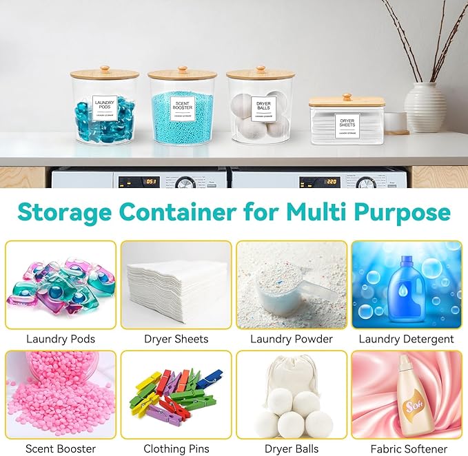 Laundry Pods Container & Dryer Sheet Holder, Laundry Room Organization and Storage Jars with Lids, Labels & Scoops for Powder Detergent Scent Booster