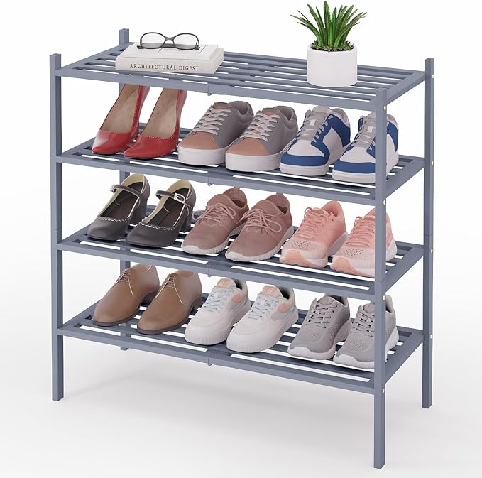 Smiry Bamboo Shoe Rack 4-Tier, Stackable Wooden Shoe Organizer for Entryway & Closet, Free Standing Wood Shoe Storage Shelf for Front Door & Small Spaces, Grey