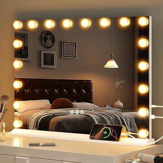 Vanity Mirror with Lights, Makeup Mirror with USB/Type-C Charging, Large Hollywood Mirrors w/ 18 LED Bulbs & 5X Magnifier, LED Mirrors for Bedroom Tabletop & Wall Mounted
