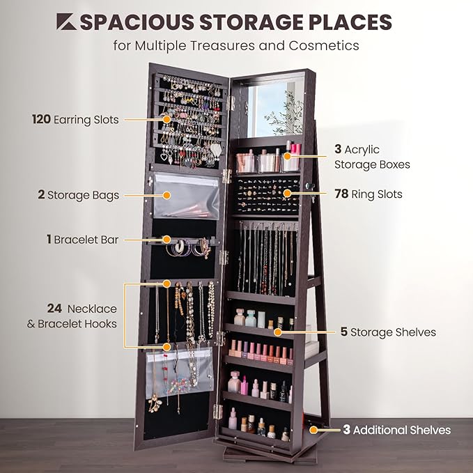 360° Swivel LED Mirror Jewelry Cabinet with Full Length Mirror, Lockable Floor Standing Mirrored Jewelry Armoire Organizer w/Inside Makeup Mirror & Back Storage Shelves, Space-Saving (Espresso)