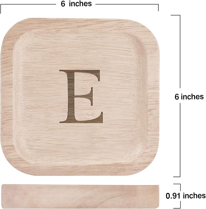 I'm Wooden Personalized Letter Catchall Valet Tray Trinket Dish Jewelry Tray Key Bowl Decorative Plate Organizing Ring Earrings Necklaces Bracelet Watch Coins Wallet Holder (6"x6" Sq Natural E)