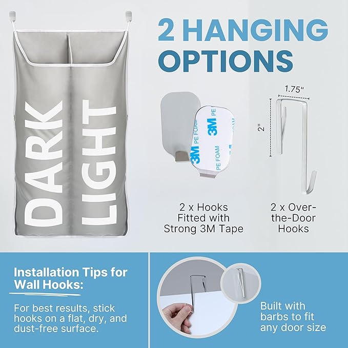 Hanging Laundry Hamper Bag XL, Space Saving over the Door Storage Bags, Behind the Door Hampers for Dirty Clothes & Wall Mounted Basket for Bathroom (Grey -2Pack, Double Compartment)