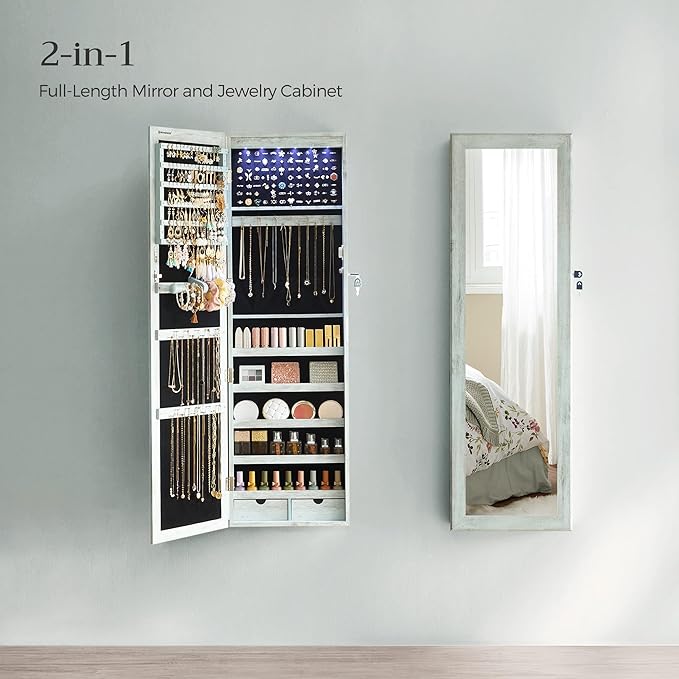 SONGMICS 6 LEDs Mirror Jewelry Cabinet, 47.2-Inch Tall Lockable Wall or Door Mounted Jewelry Armoire Organizer with Mirror, 2 Drawers, 3.9 x 14.6 x 47.2 Inches, Rustic Green UJJC93UJ
