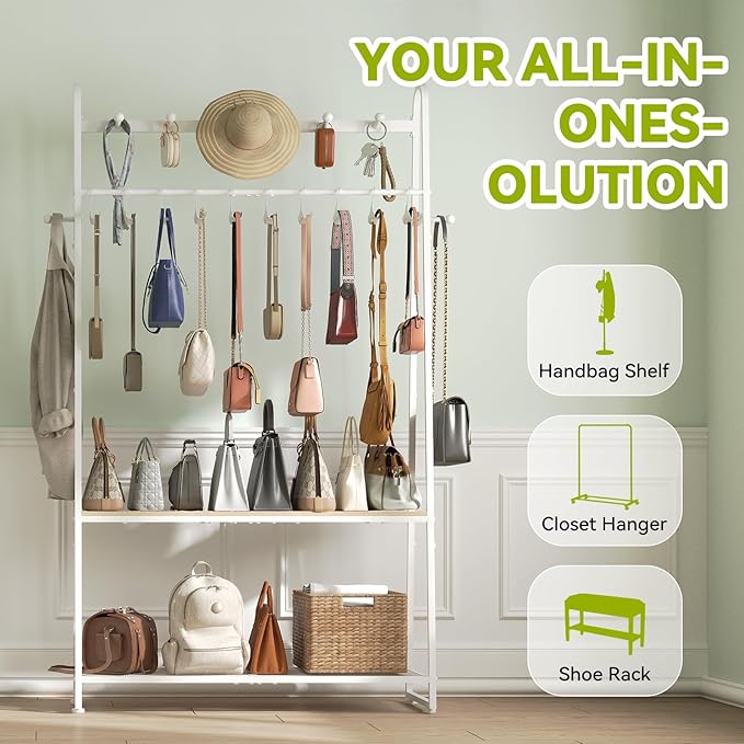 KAFAHOM Purse Rack, Purse Organizer for Closet - Tall Purse Shelf with 8 Hooks & 10 Removable Hangers to Hold Handbags, Backpacks, Pocketbooks., Perfect Purse Display Stand & Storage Tree,White
