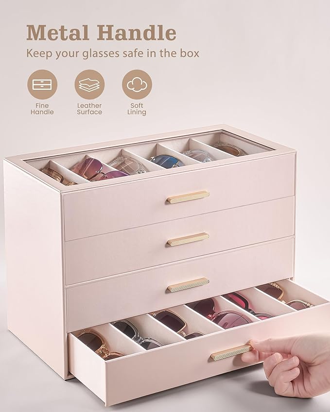 Lolalet Beige Sunglasses Storage Box for Women, Eyewear Eye Glass Organizer with Clear Top Lid Display Holder Case