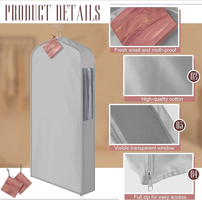 Cotton Garment Bag for Hanging Clothes and Storage with Cedar Blocks for Fresh Smell and Moth Protection Sandpaper for Suit Fur Coat Jacket Sweater(40 x 24 x 6 Inch,Light Gray,1 Set)