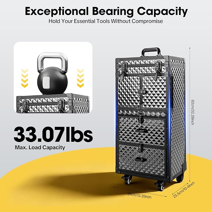 Hairdressing Rolling Case,Makeup Rolling Train Case,Cosmetic Case,Professional Barber Supplies Case,Hairdressing Tools Storage Case,Cosmetology Case with Wheels and Locks,Black