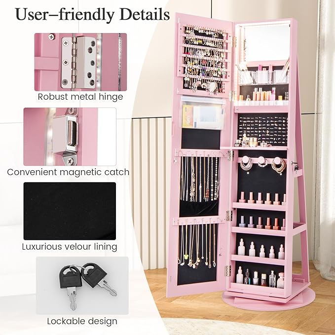 Mirror Jewelry Cabinet Standing with Full Length Mirror, 360° Swivel Jewelry Armoire with 3-Color LED Lights & Foldable Makeup Shelf, Lockable Organizer for Women, Space-Saving (Pink)