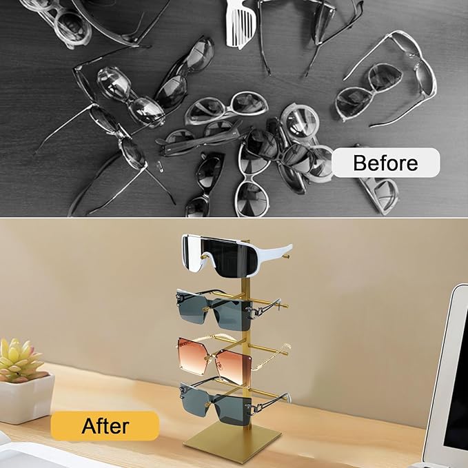4-Tier Sunglasses Organizer, Sunglass Display Stand, Titanium Brushed Eyeglass Holder Stand, Gold Sunglasses Rack for Homes, Offices, Boutique Shops（PATENT PENDING
