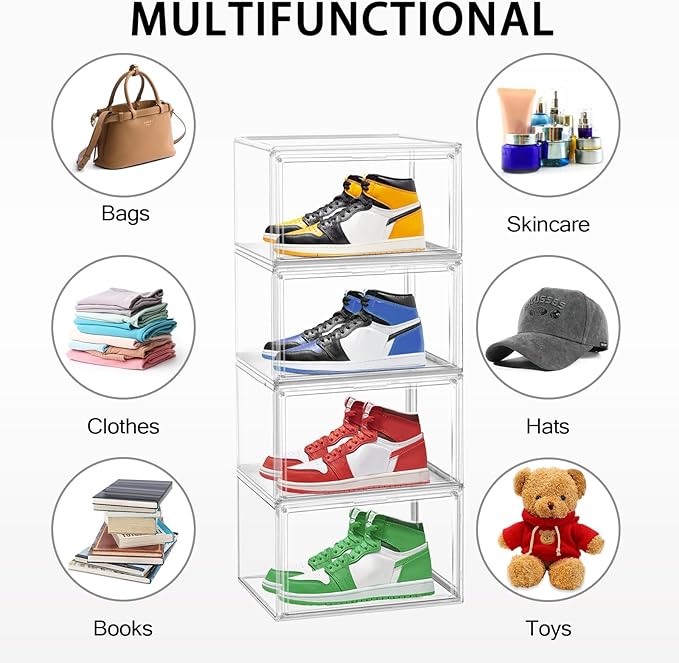 10 Pcs Clear Shoe Storage Boxes Stackable Acrylic Sneaker Shoe Display Case Size 14, Transparent Storage Bins for Boot Handbag Organizer Containers with Magnetic Lids