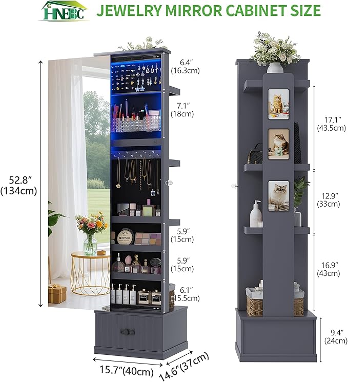 HNEBC Mirror Full Length with Stand, Jewelry Organizers and 4 Storage Racks, Jewelry Cabinet with Drawes,Ring-Necklace-Earring Holder, Jewelry Armoire with Lights for Bedroom/Cloakroom (Grey)
